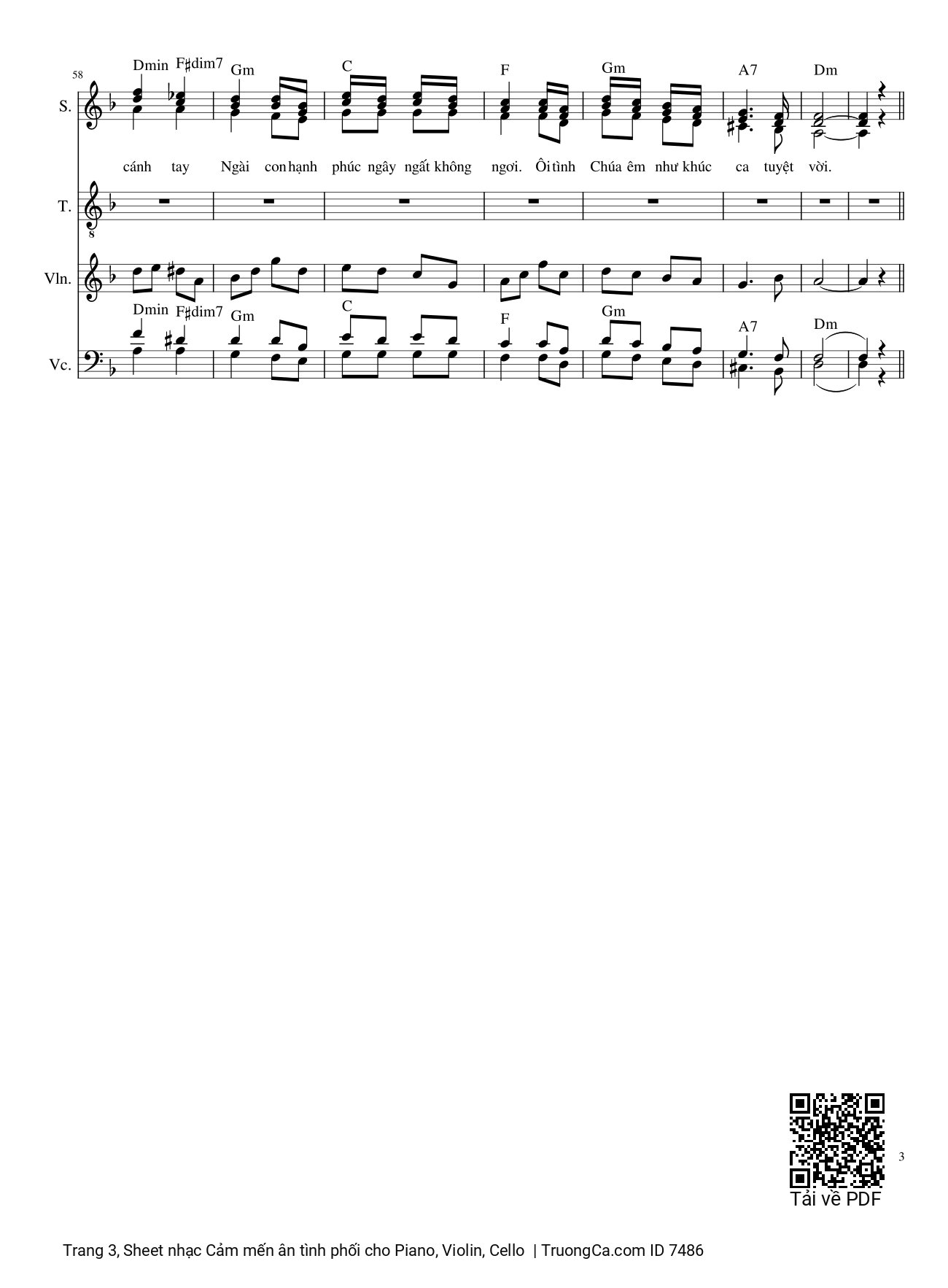 Page 3 of the piano sheet music PDF – Cảm mến ân tình phối cho Piano, Violin, Cello by Phùng Minh Mẫn