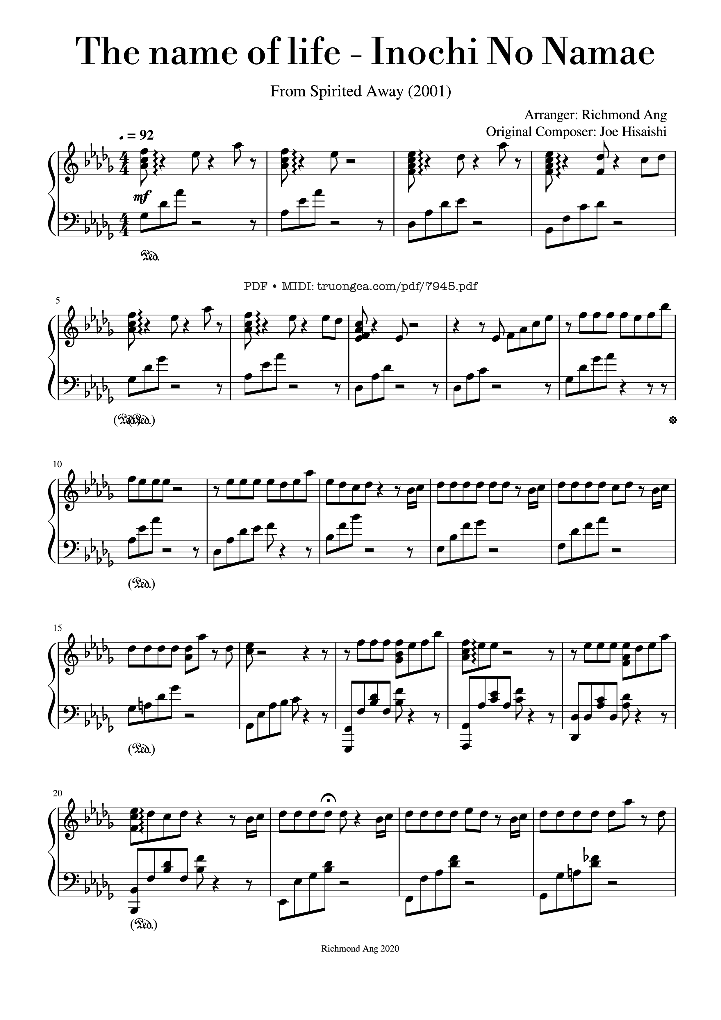 Page 1 of the piano sheet music PDF – The name of life, Inochi No Namae (Joe Hisaishi) by Joe Hisaishi
