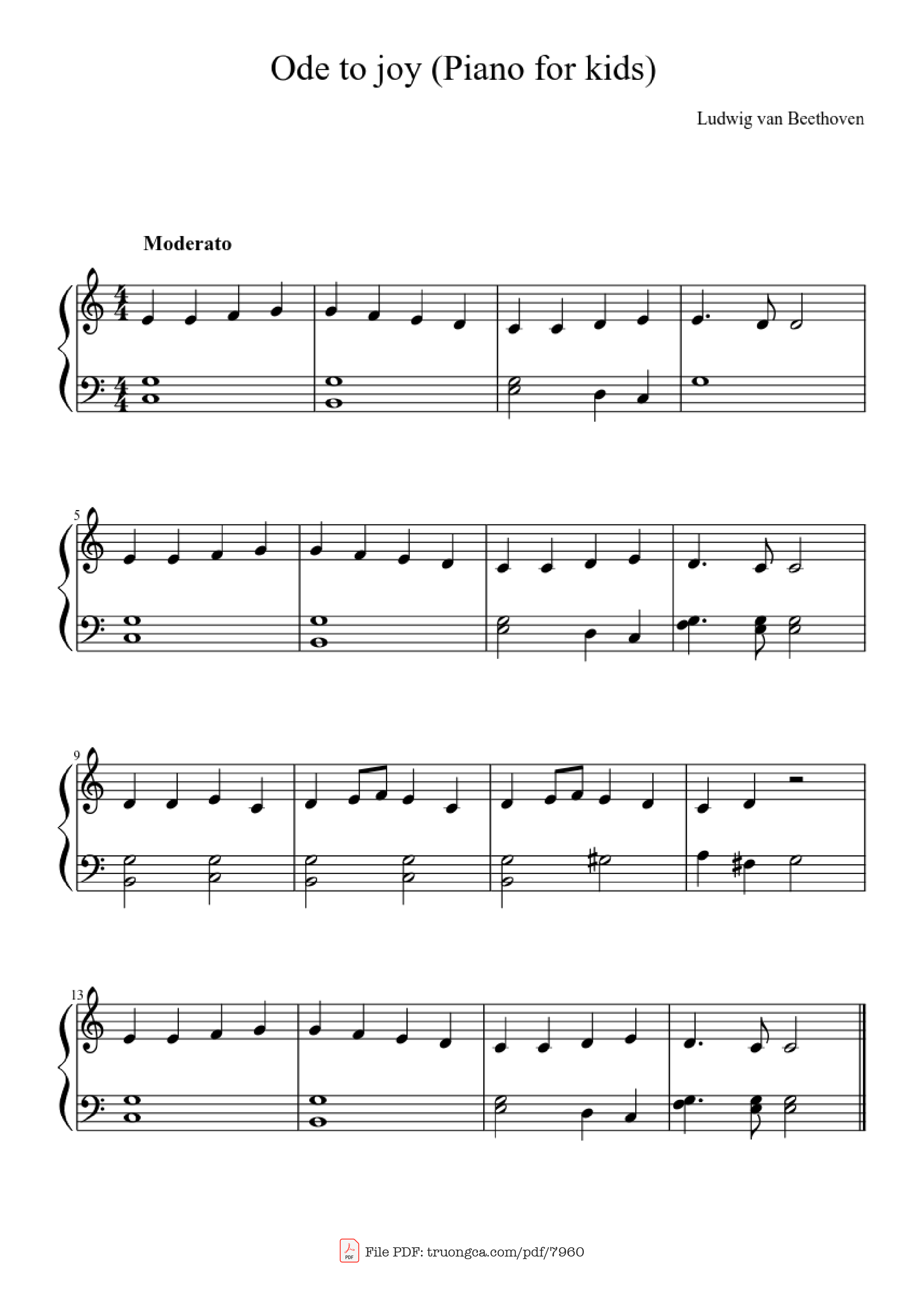 Page 1 of the piano sheet music PDF – Ode to joy (Piano for Kids) by Beethoven