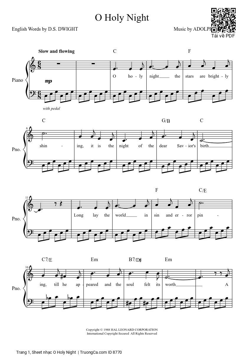 Page 1 of the piano sheet music PDF – O Holy Night sheet Piano dễ tập by Adolphe Adam