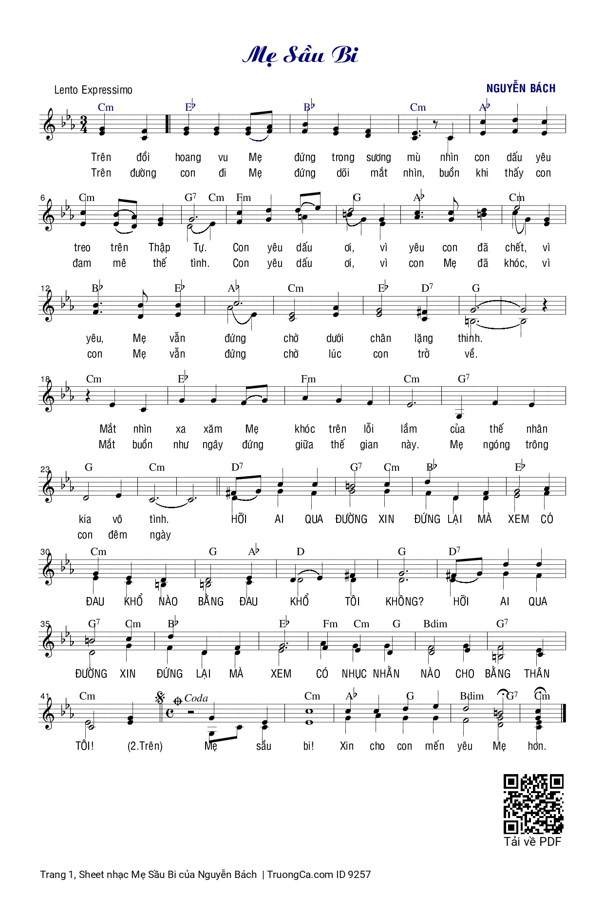 Page 1 of the piano sheet music PDF – Mẹ Sầu Bi by Nguyễn Bách