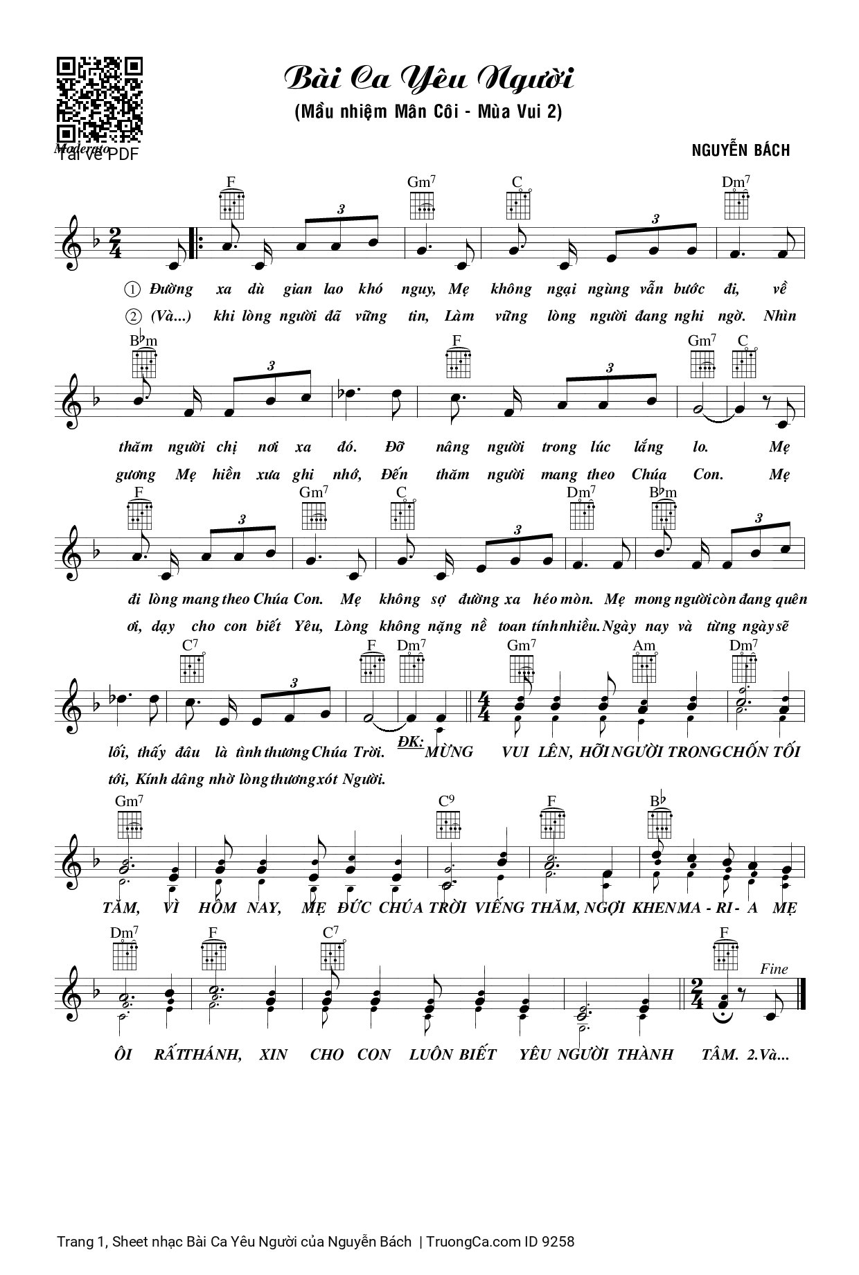 Page 1 of the piano sheet music PDF – Bài Ca Yêu Người by Nguyễn Bách
