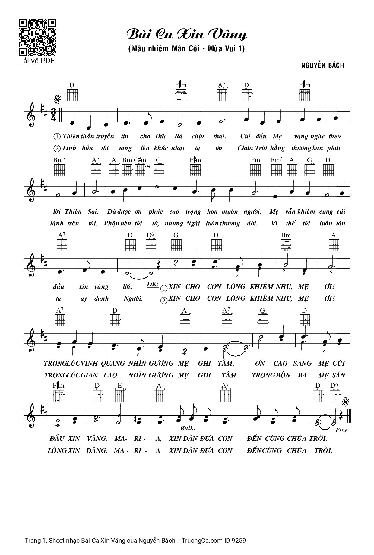 Page 1 of the piano sheet music PDF – Bài Ca Xin Vâng by Nguyễn Bách