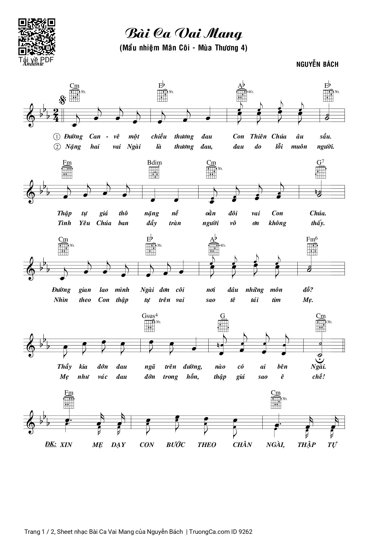 Page 1 of the piano sheet music PDF – Bài Ca Vai Mang by Nguyễn Bách