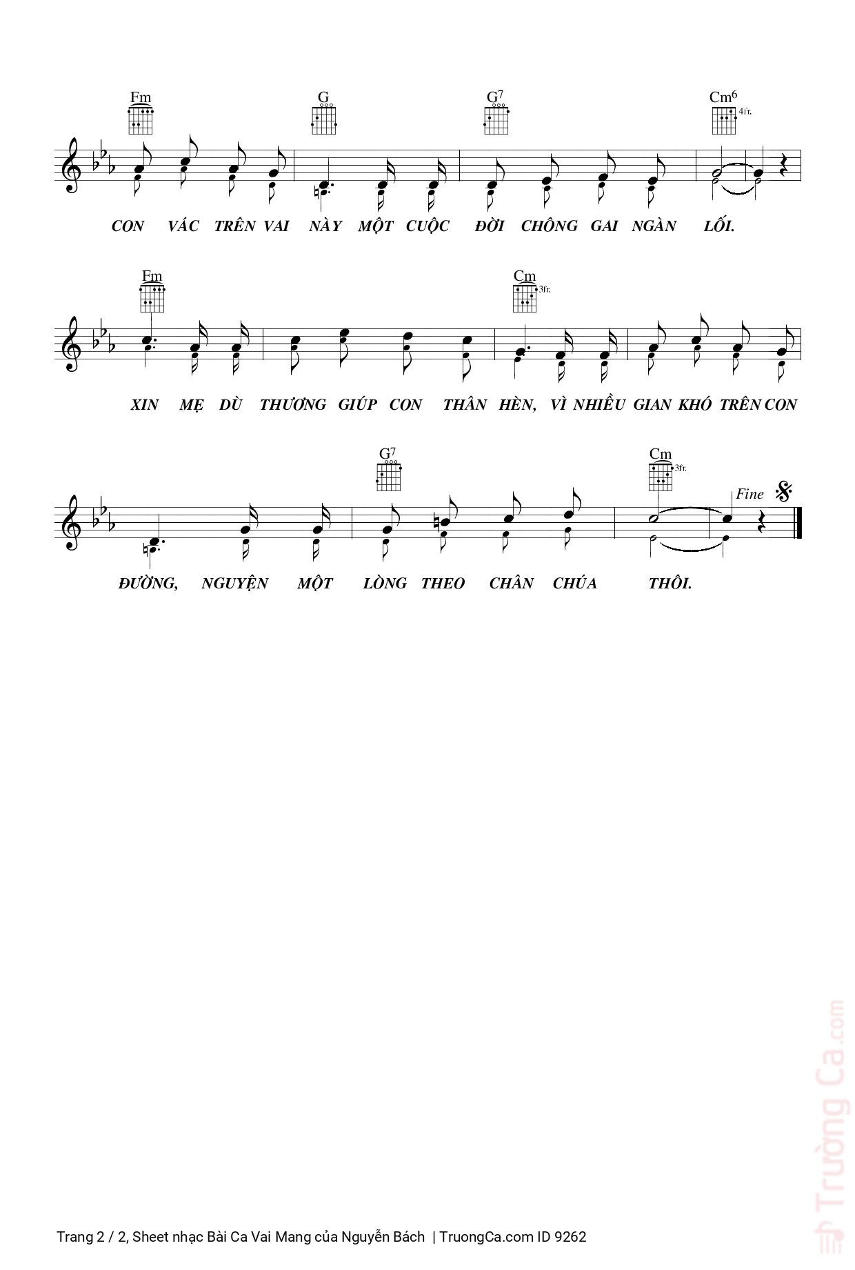 Page 2 of the piano sheet music PDF – Bài Ca Vai Mang by Nguyễn Bách