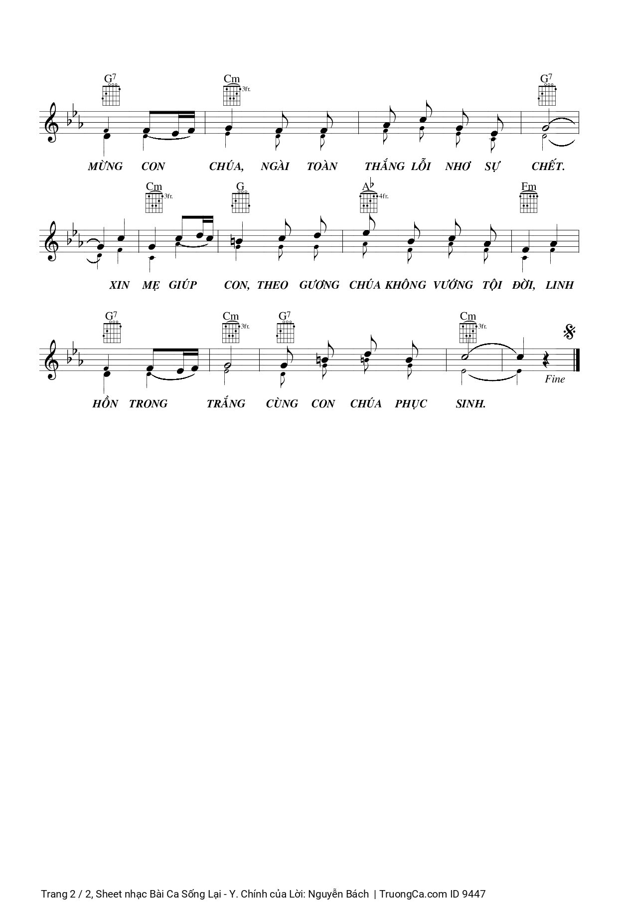 Page 2 of the piano sheet music PDF – Bài Ca Sống Lại - Y. Chính by Lời: Nguyễn Bách