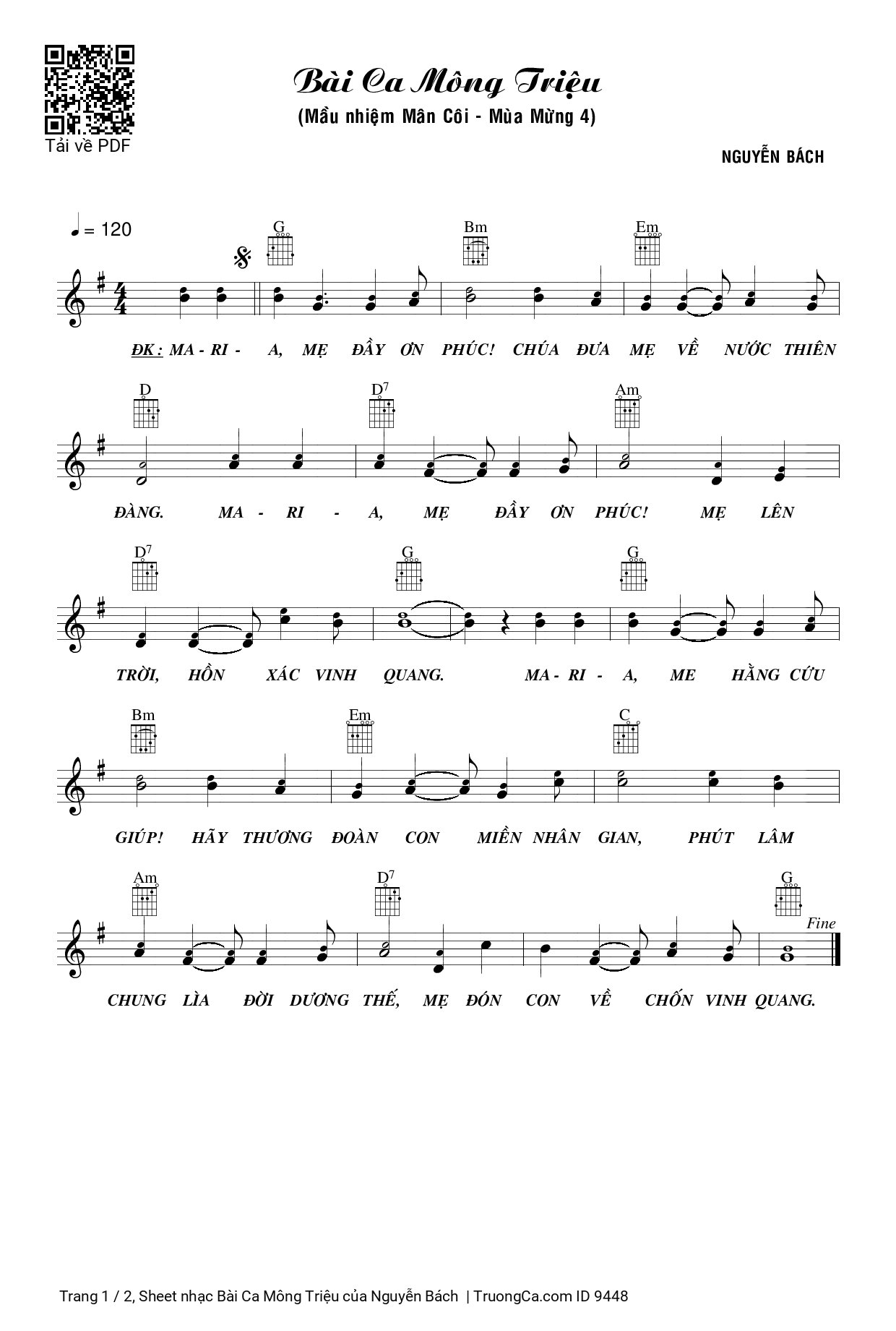 Page 1 of the piano sheet music PDF – Bài Ca Mông Triệu by Nguyễn Bách