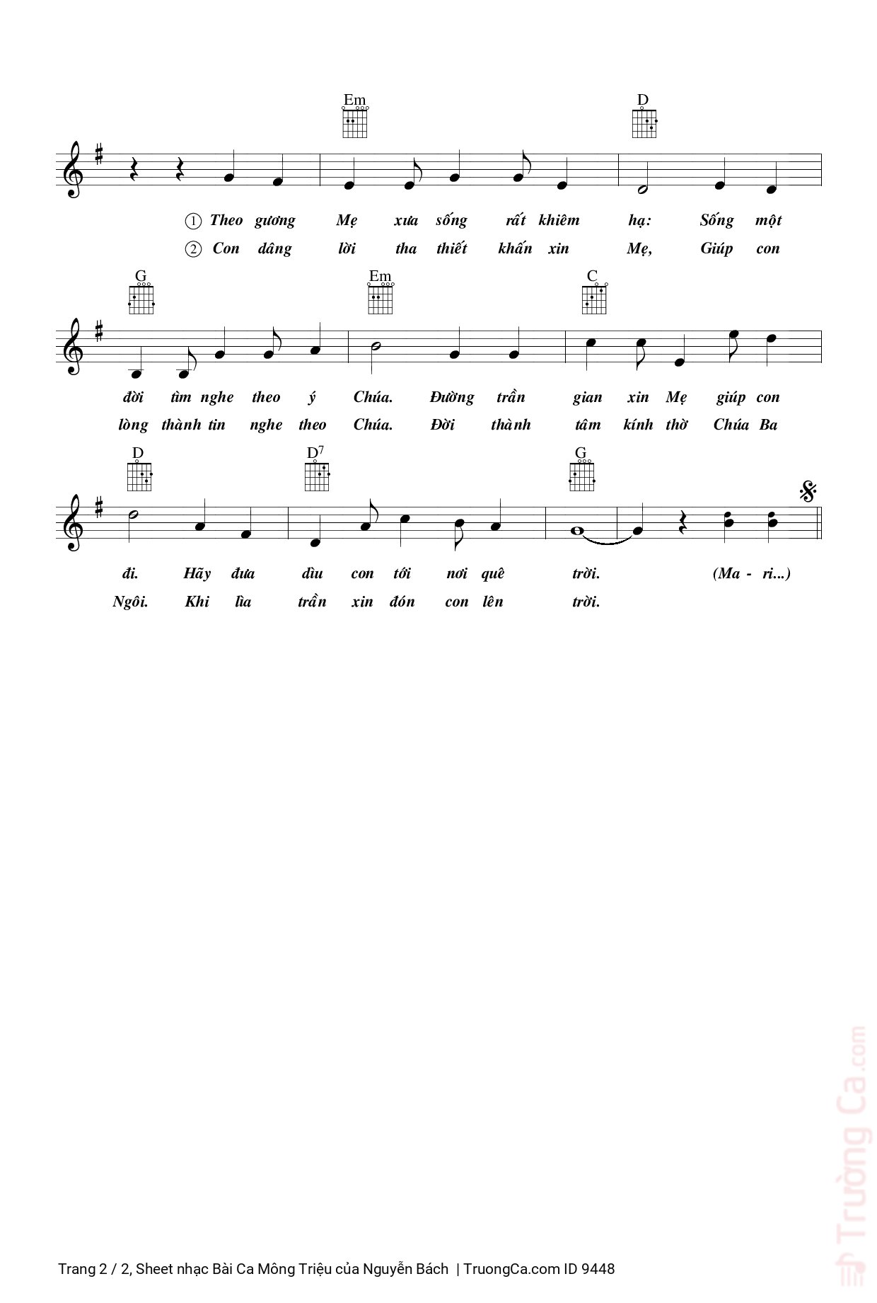 Page 2 of the piano sheet music PDF – Bài Ca Mông Triệu by Nguyễn Bách
