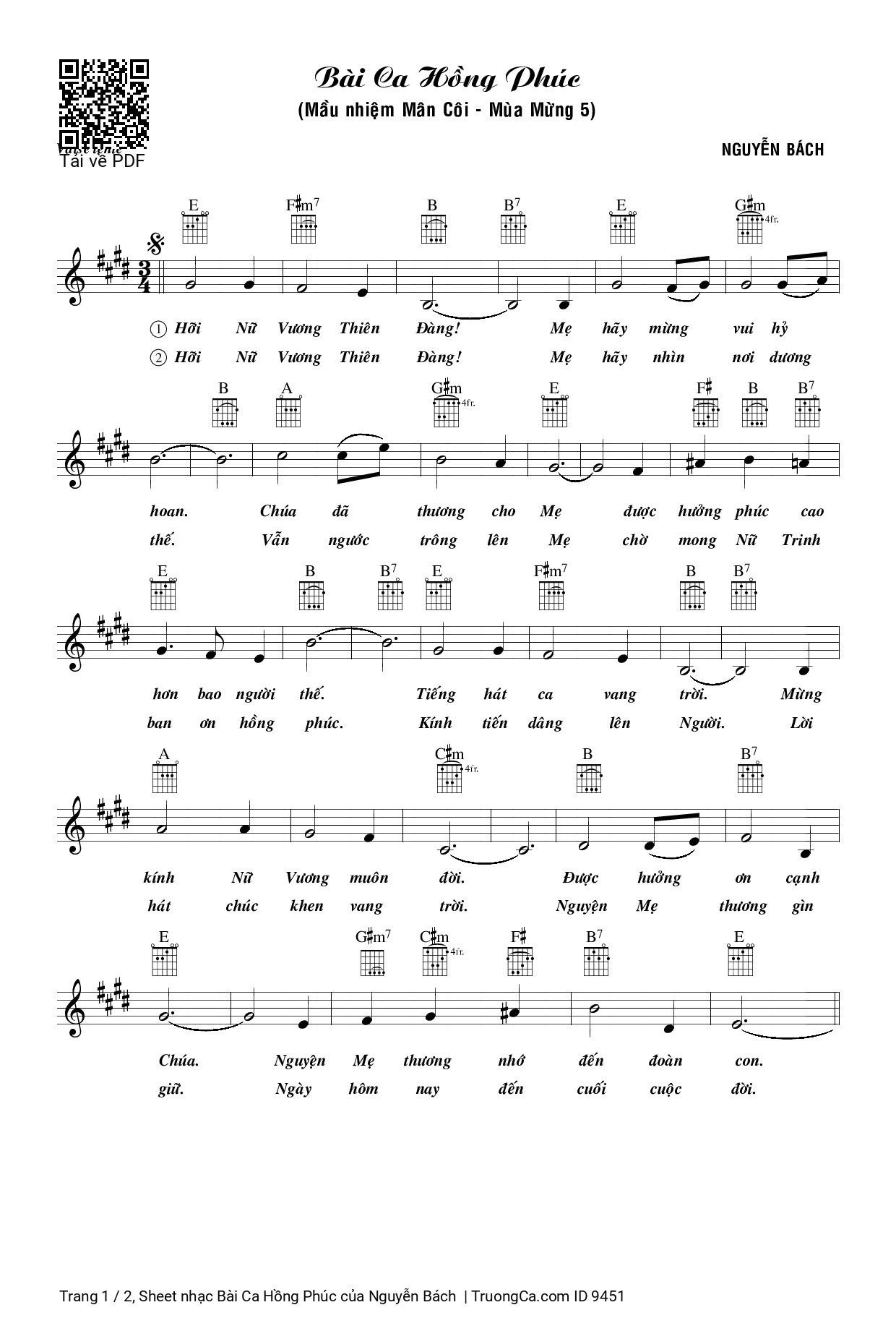 Page 1 of the piano sheet music PDF – Bài Ca Hồng Phúc by Nguyễn Bách