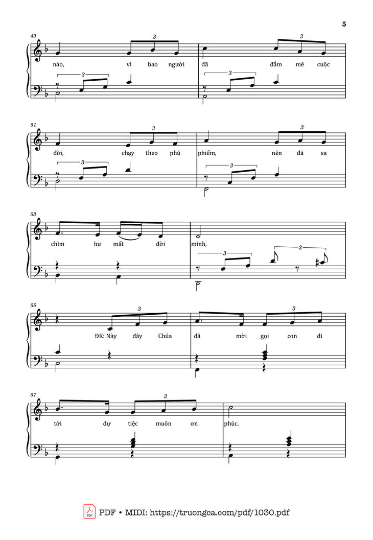 Page 5 of the piano sheet music PDF – Chúa đã mời gọi by Lm. Thái Nguyên