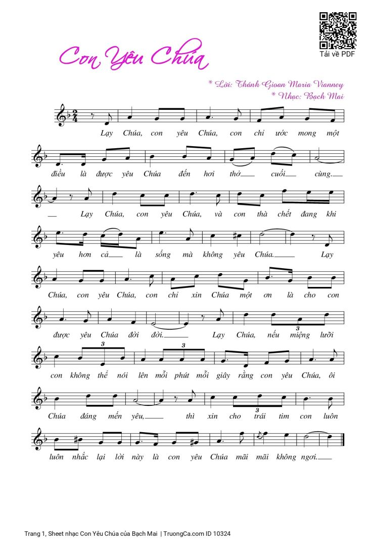 Page 1 of the piano sheet music PDF – Con Yêu Chúa by Bạch Mai