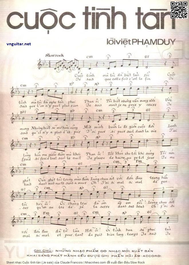 Page 1 of the piano sheet music PDF – Cuộc tình tàn (Je sais) by Claude Francois