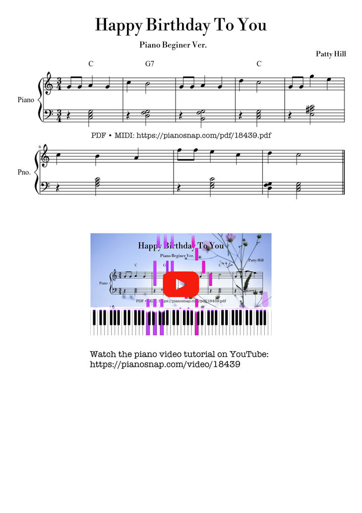 Page 1 of the piano sheet music PDF – Happy Birthday To You Piano easy for Kid by Patty Hill