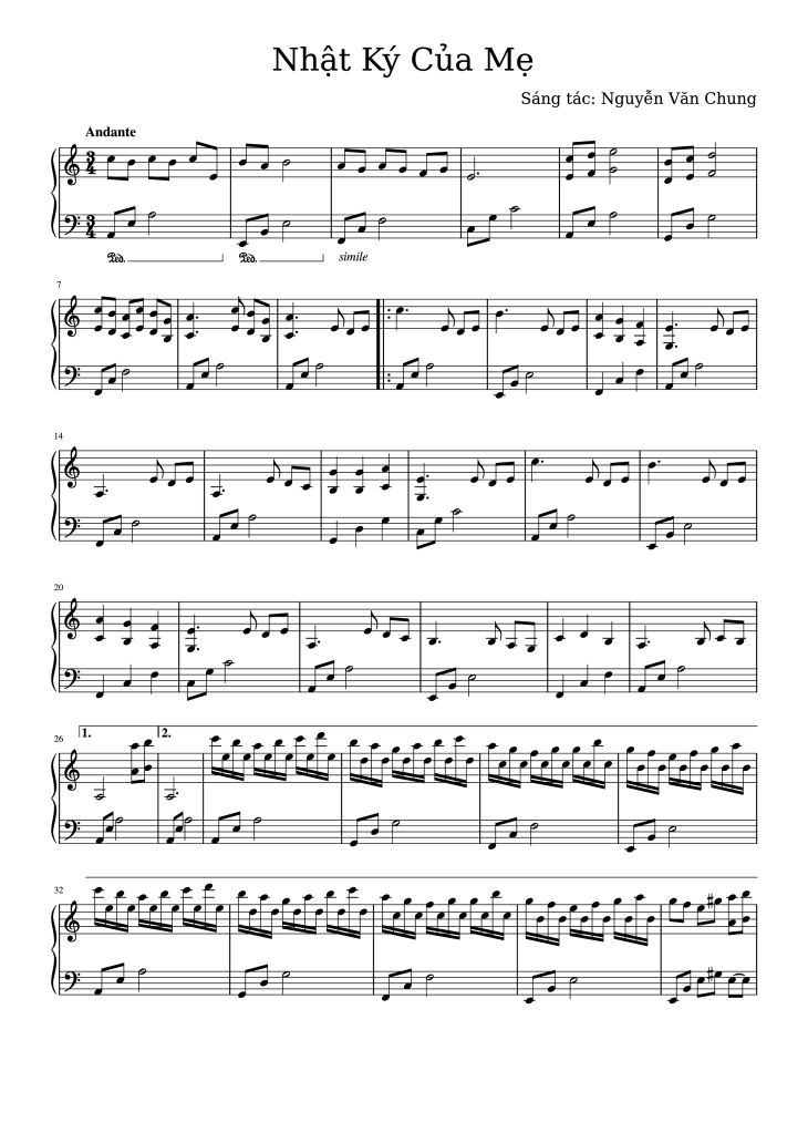 Page 1 of the piano sheet music PDF – Nhật Ký Của Mẹ sheet Piano solo by Nguyễn Văn Chung