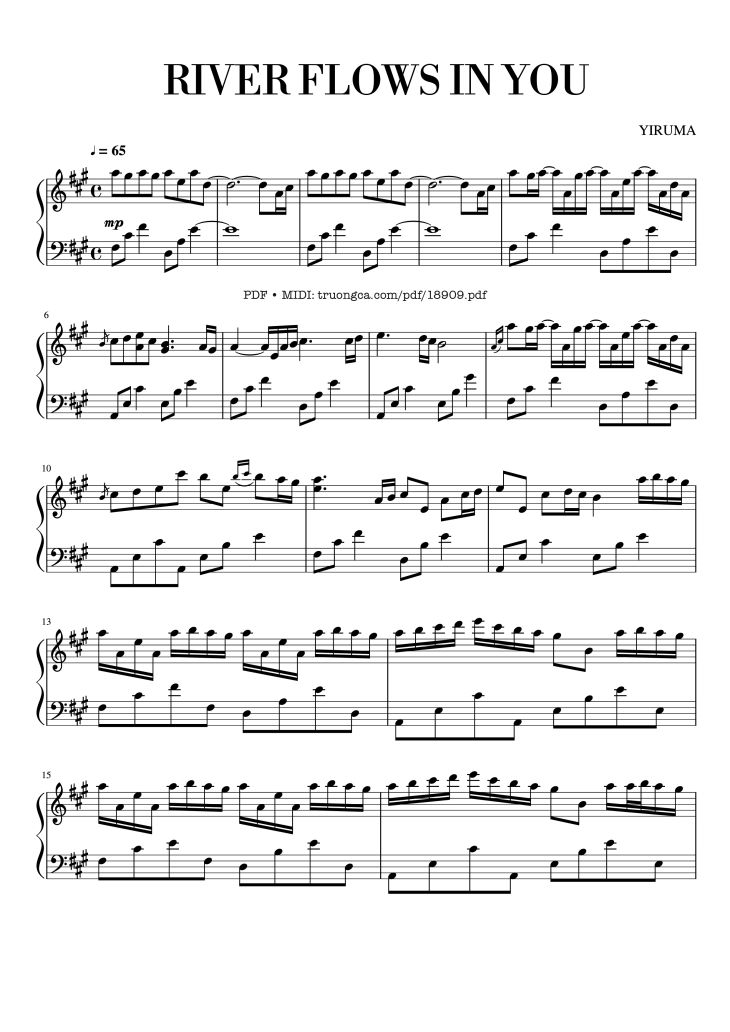 Page 1 of the piano sheet music PDF – River Flows In You Yiruma Piano by Emmy langevin