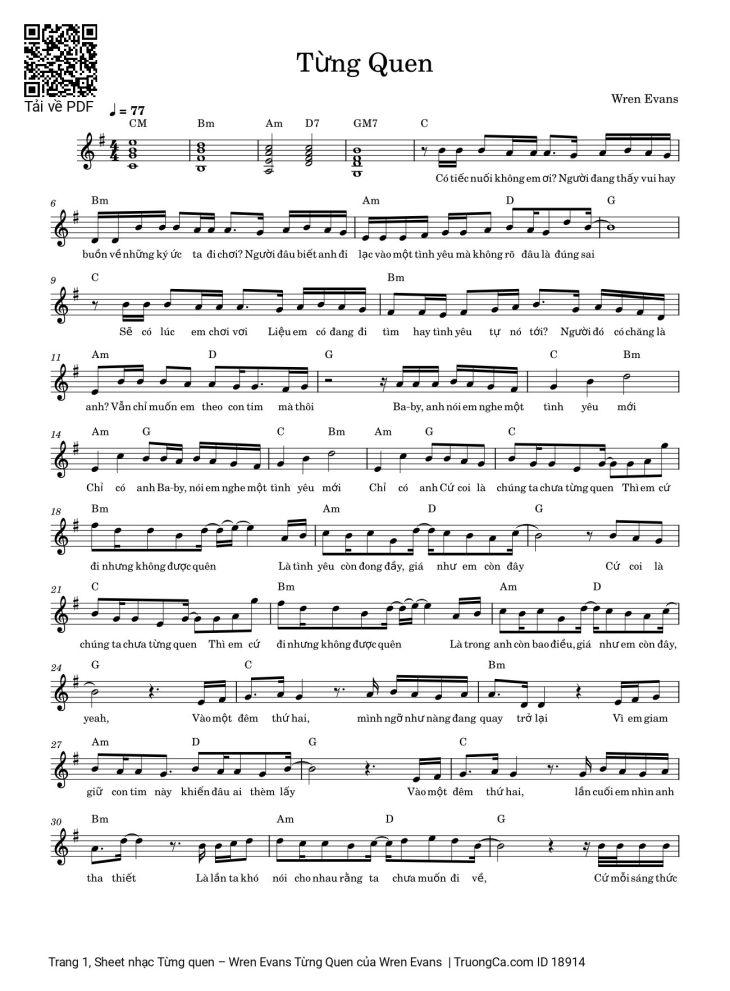 Page 1 of the piano sheet music PDF – Từng quen by Wren Evans