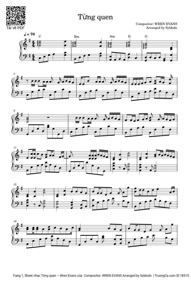Page 1 of the piano sheet music PDF – Từng quen Piano by Wren Evans