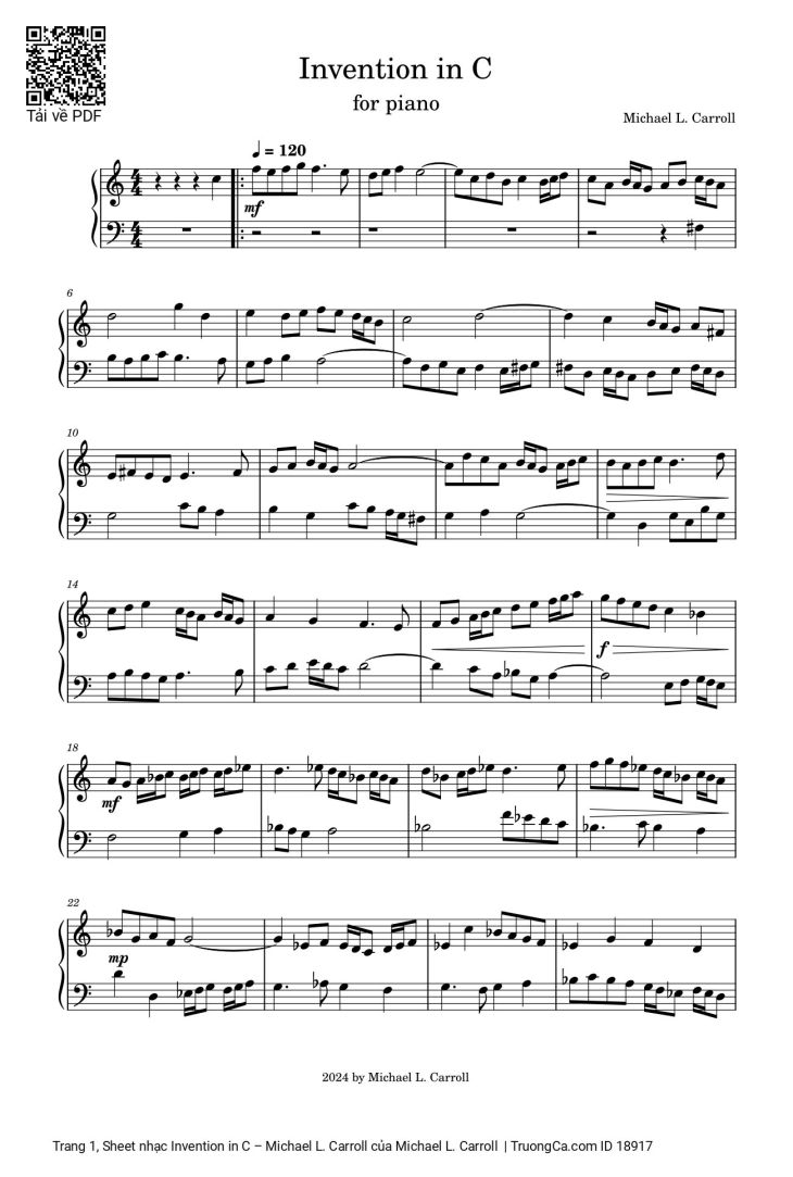 Page 1 of the piano sheet music PDF – Invention in C – Michael L. Carroll by Michael L. Carroll