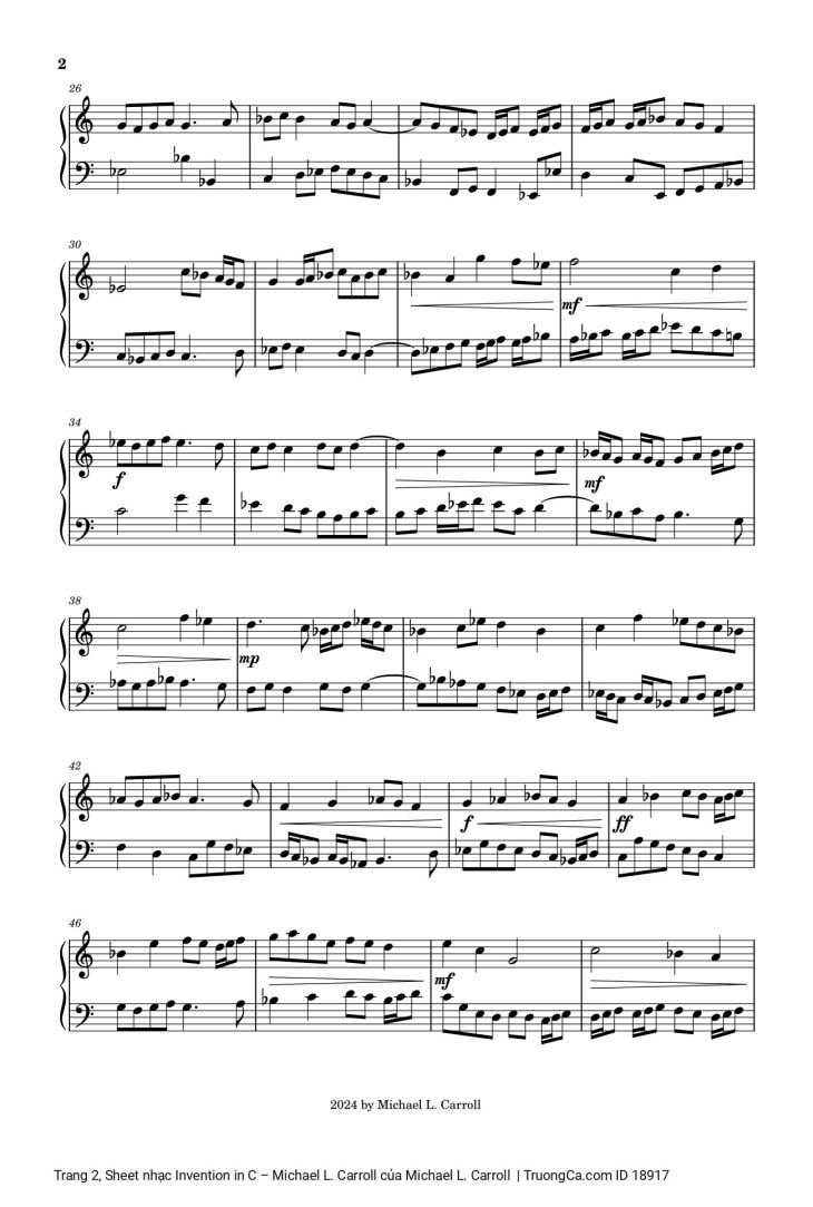 Page 2 of the piano sheet music PDF – Invention in C – Michael L. Carroll by Michael L. Carroll