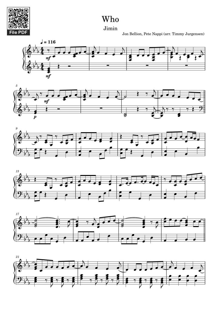 Page 1 of the piano sheet music PDF – Who (from BTS 방탄소년단 ) Piano by Jon Bellion, Pete Nappi (arr. Timmy Jurgensen)