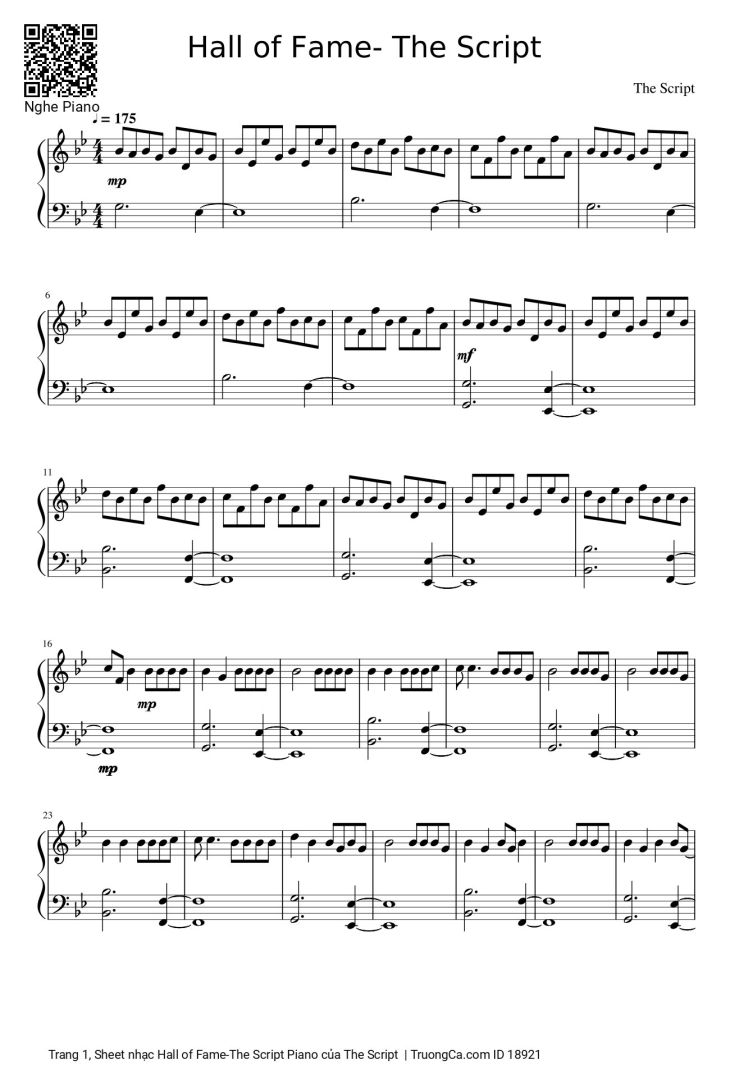 Page 1 of the piano sheet music PDF – Hall of Fame -The Script Piano by The Script