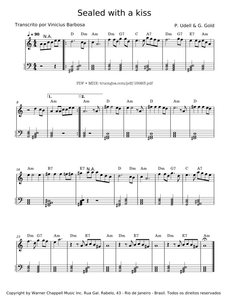 Page 1 of the piano sheet music PDF – Sealed with a kiss Piano Easy by P. Udell & G. Gold