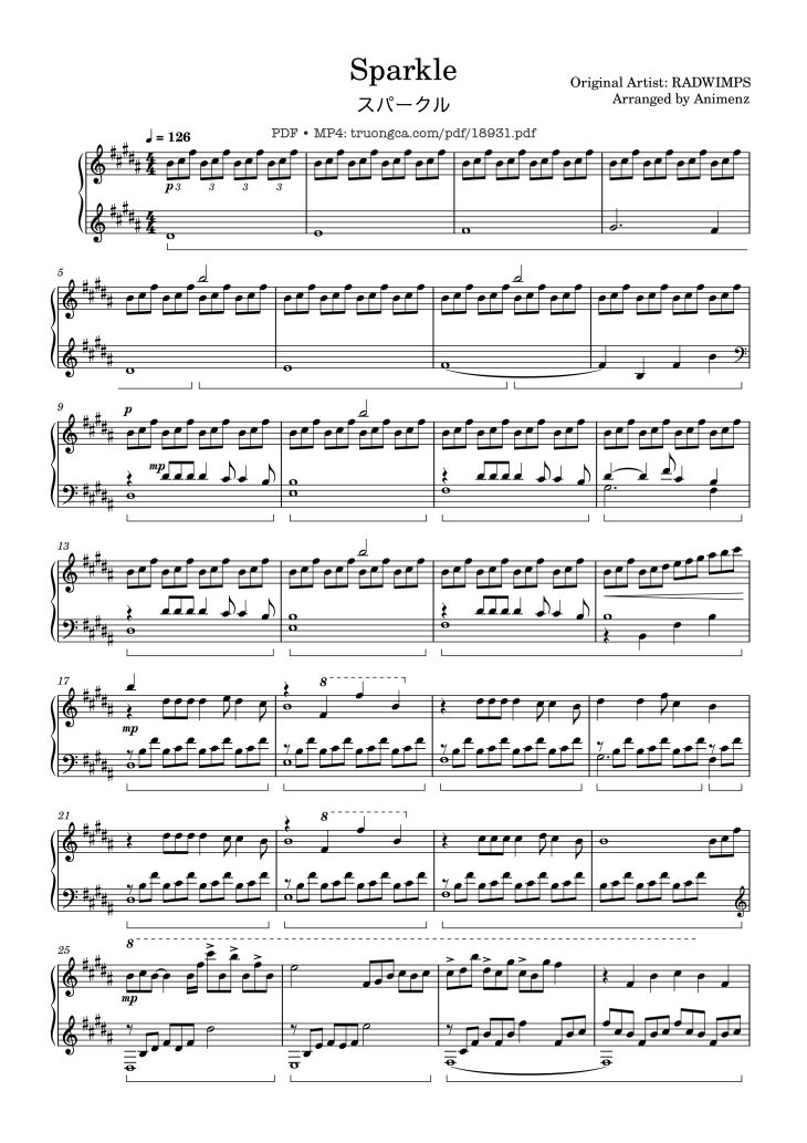 Page 1 of the piano sheet music PDF – Radwimps Sparkle Piano by Original Artist: RADWIMPS Arranged by Animenz 