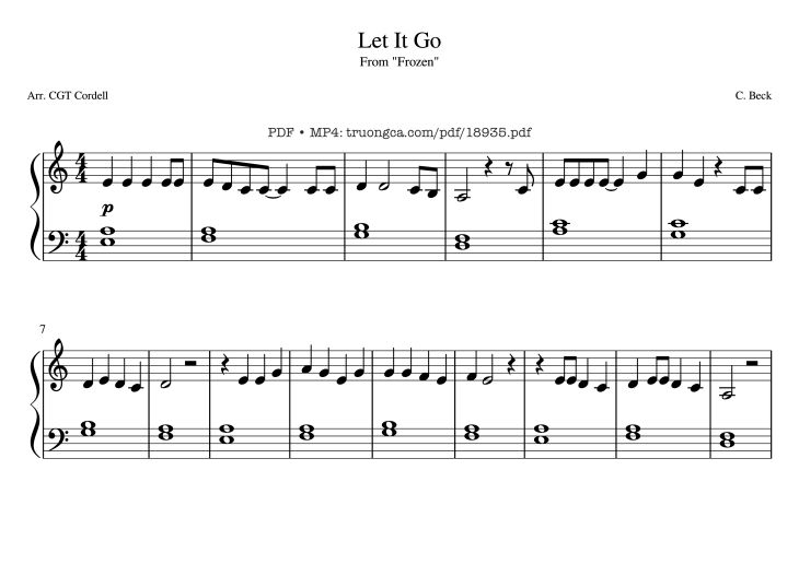 Page 1 of the piano sheet music PDF Piano – Let It Go Piano (kid) by C. Beck