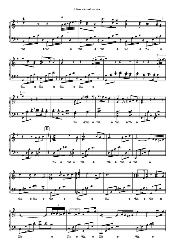 Page 4 of the piano sheet music PDF Piano – A town with an ocean view Sheet Piano by Joe Hisaishi
