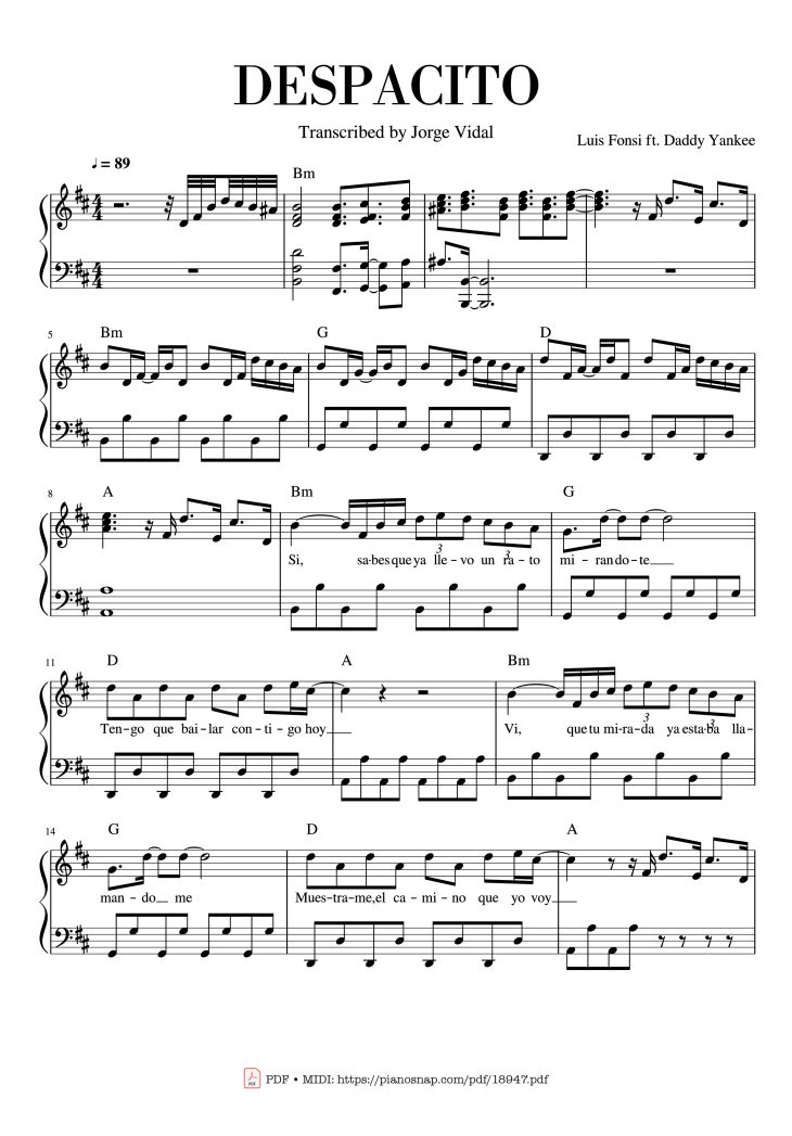Page 1 of the piano sheet music PDF Piano – Despacito Piano Sheet by Luis Fonsi ft. Daddy Yankee