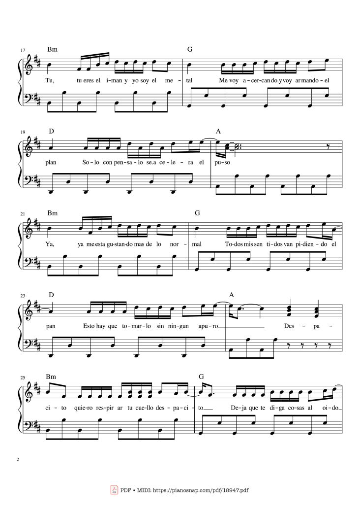Page 2 of the piano sheet music PDF Piano – Despacito Piano Sheet by Luis Fonsi ft. Daddy Yankee