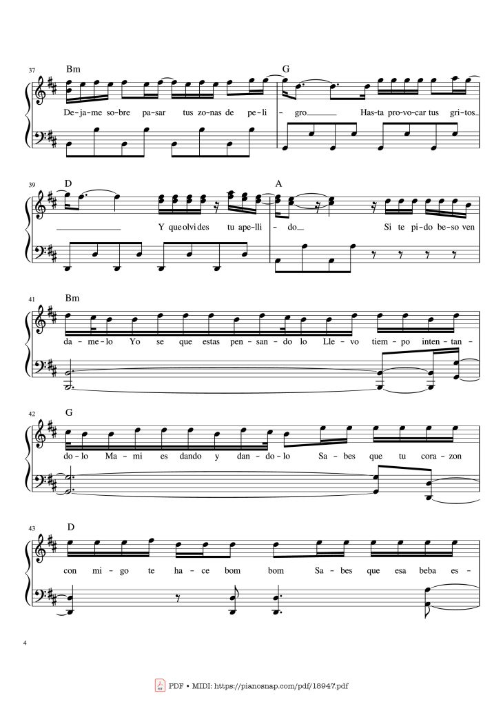 Page 4 of the piano sheet music PDF Piano – Despacito Piano Sheet by Luis Fonsi ft. Daddy Yankee