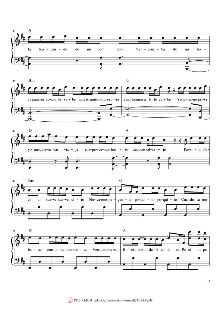 Page 5 of the piano sheet music PDF Piano – Despacito Piano Sheet by Luis Fonsi ft. Daddy Yankee