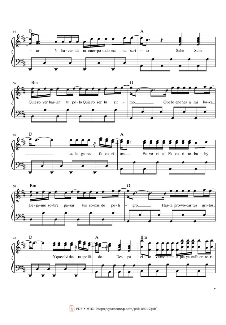 Page 7 of the piano sheet music PDF Piano – Despacito Piano Sheet by Luis Fonsi ft. Daddy Yankee