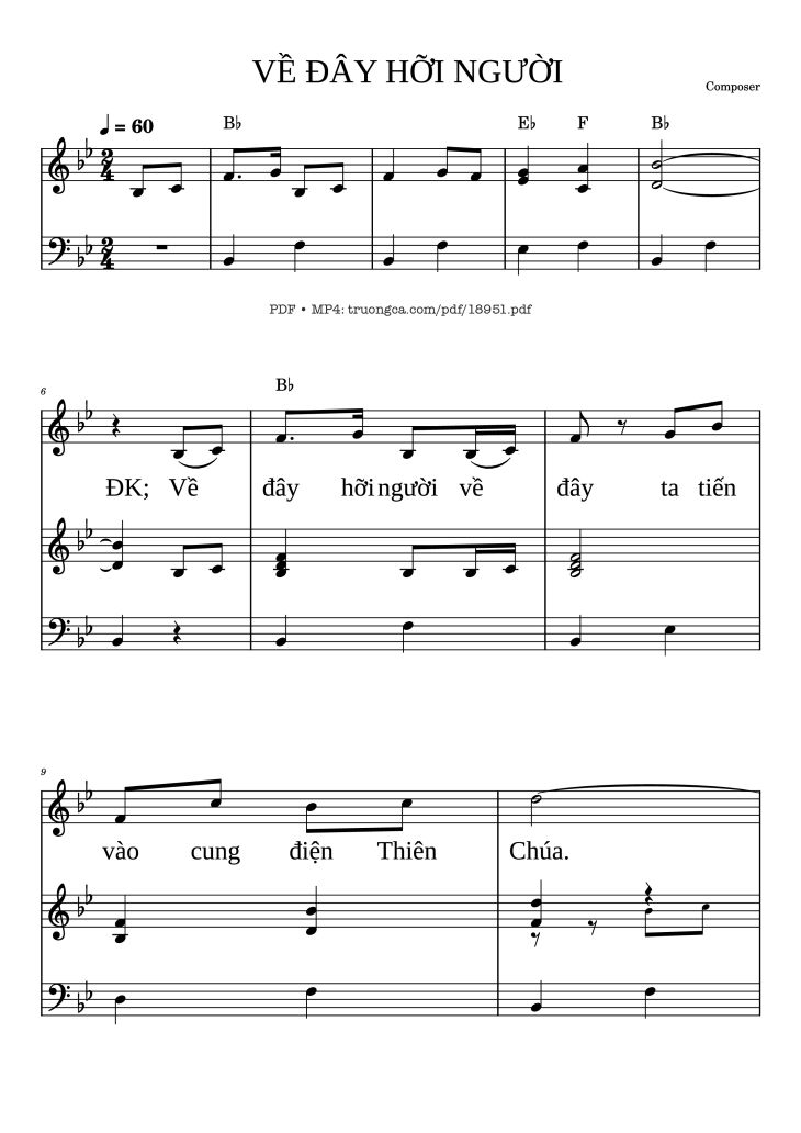 Page 1 of the piano sheet music PDF – Về đây Hỡi Người Piano đệm hát by Lan Thanh
