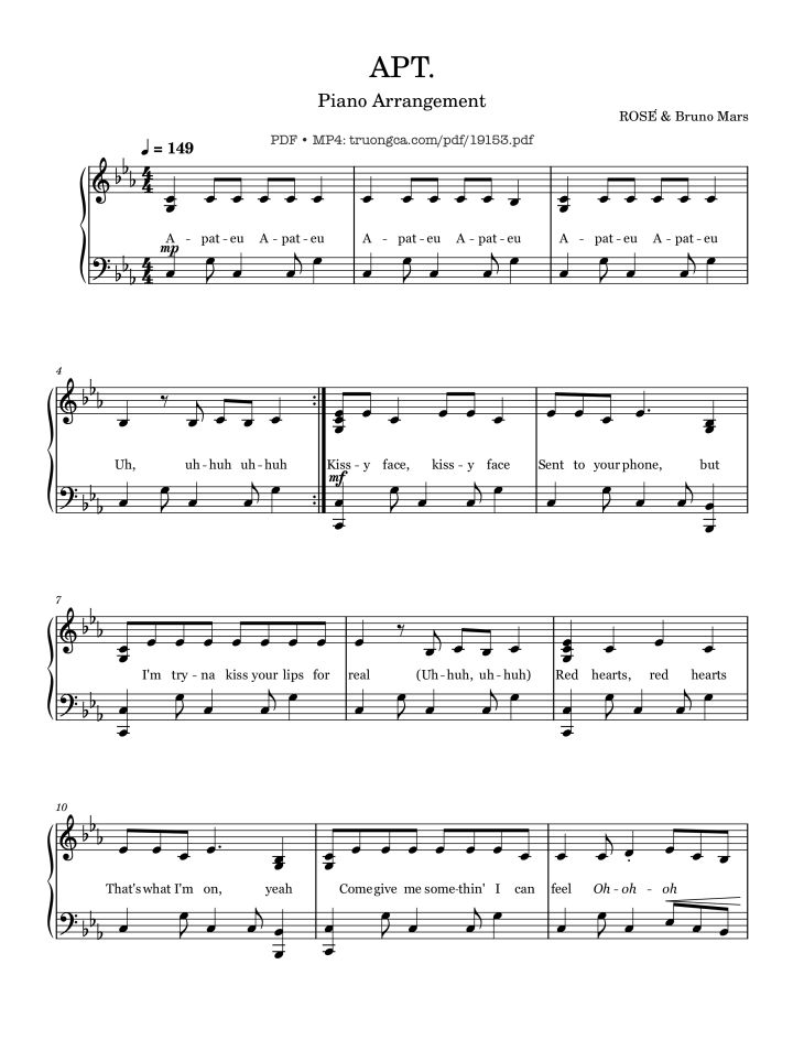 Page 1 of the piano sheet music PDF – APT Rosé Sheet Piano by ROSÉ