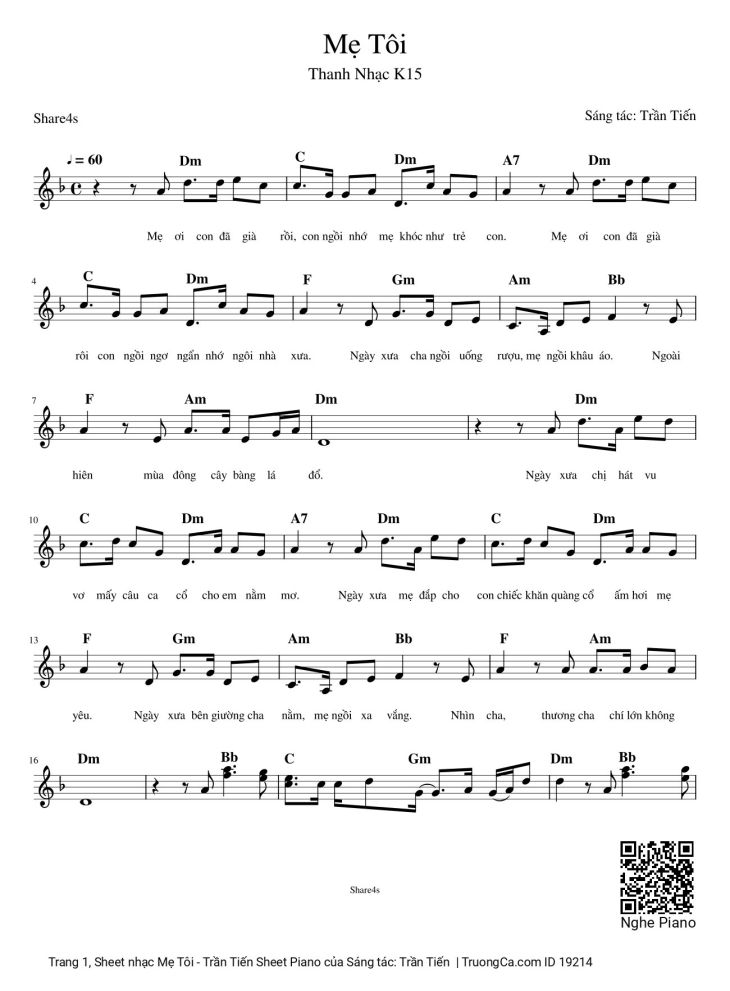 Page 1 of the piano sheet music PDF – Mẹ Tôi - Trần Tiến Sheet Piano by Trần Tiến