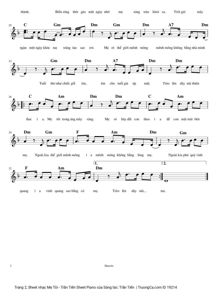Page 2 of the piano sheet music PDF – Mẹ Tôi - Trần Tiến Sheet Piano by Trần Tiến