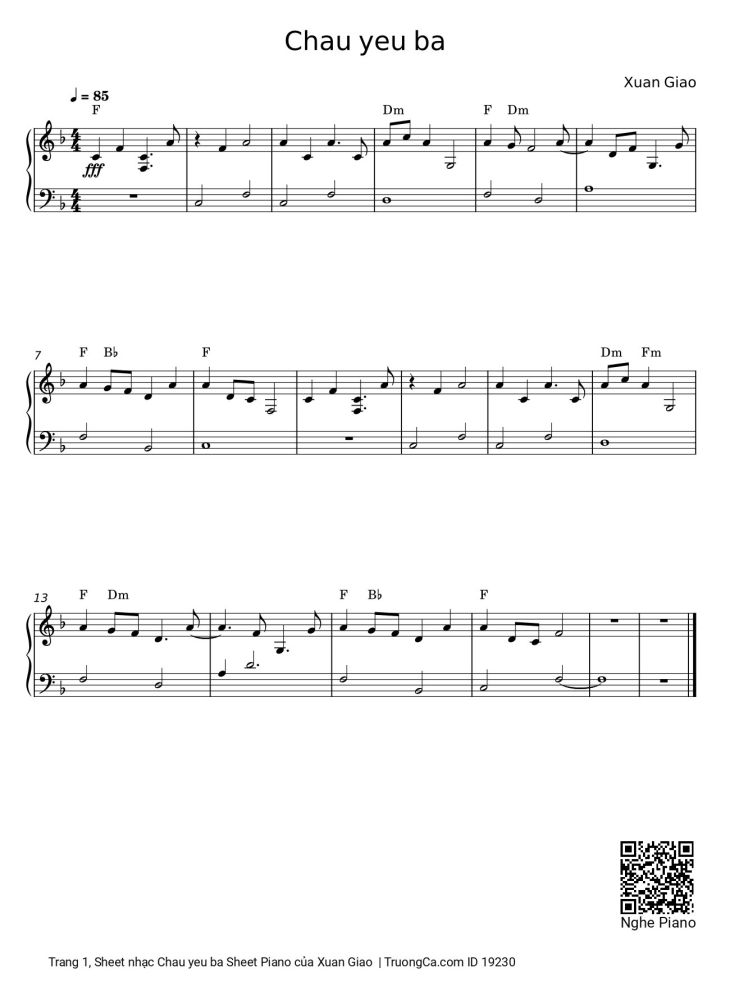 Page 1 of the piano sheet music PDF – Cháu yêu bà Sheet Piano by Xuan Giao