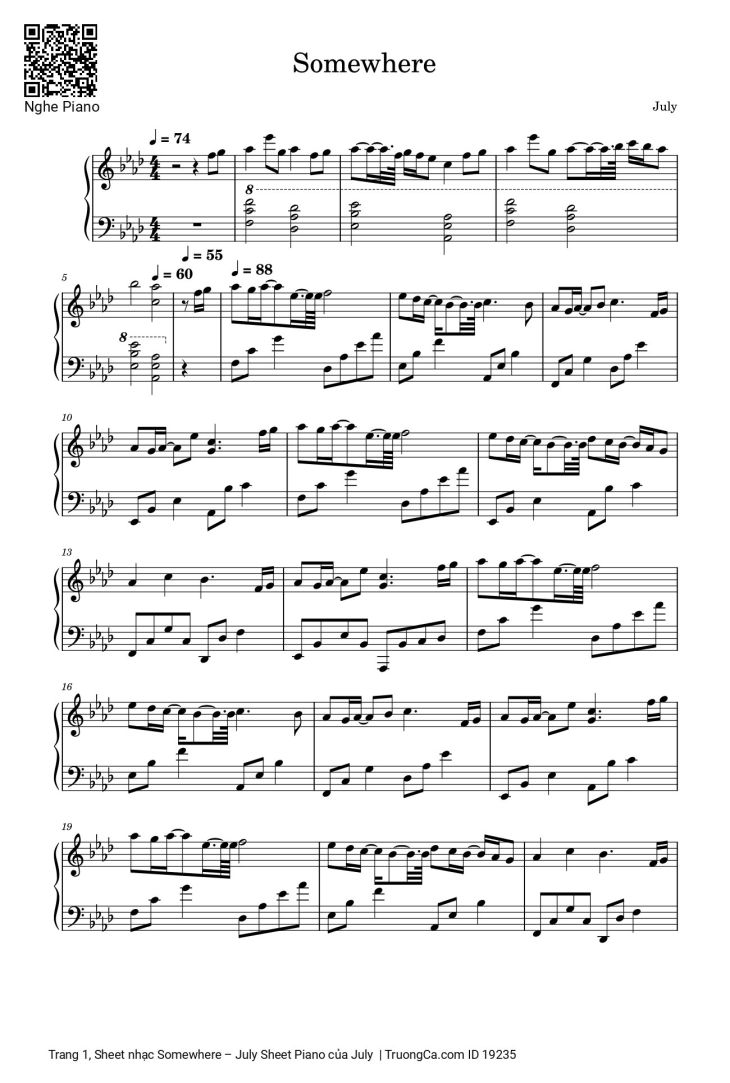 Page 1 of the piano sheet music PDF – Somewhere – July Sheet Piano by July