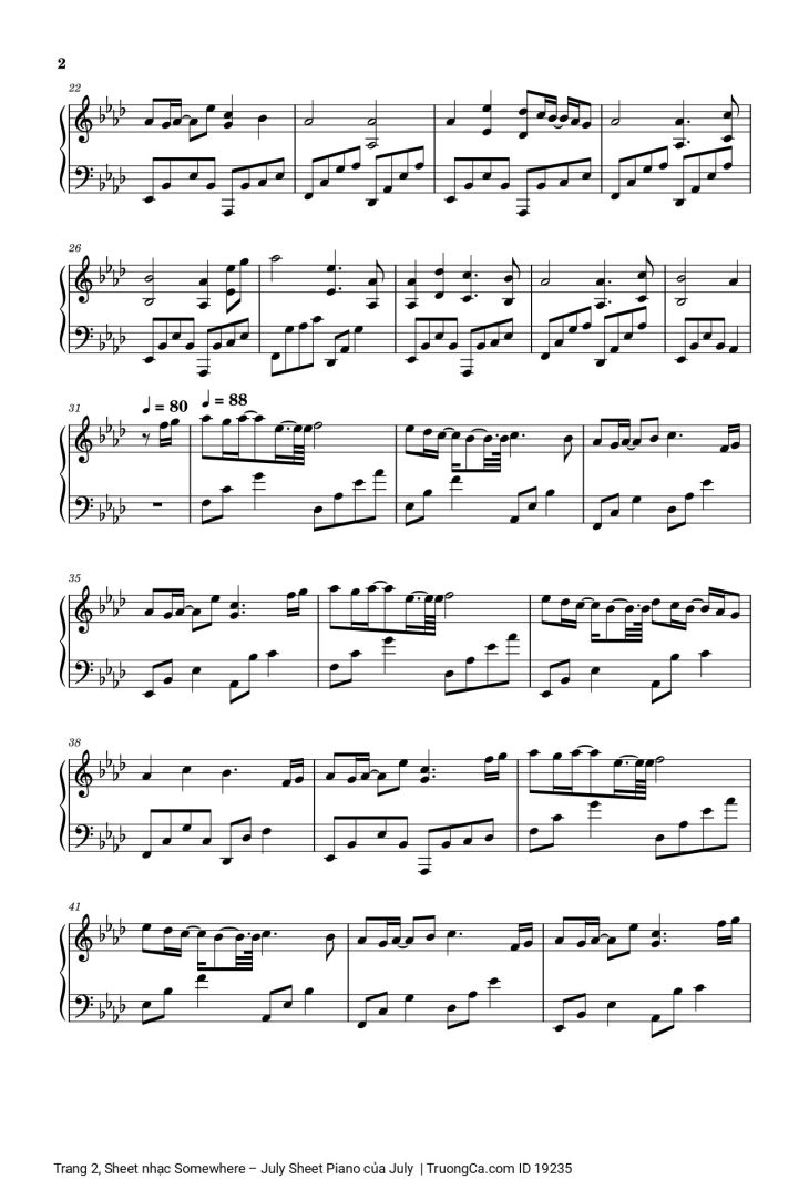 Page 2 of the piano sheet music PDF – Somewhere – July Sheet Piano by July