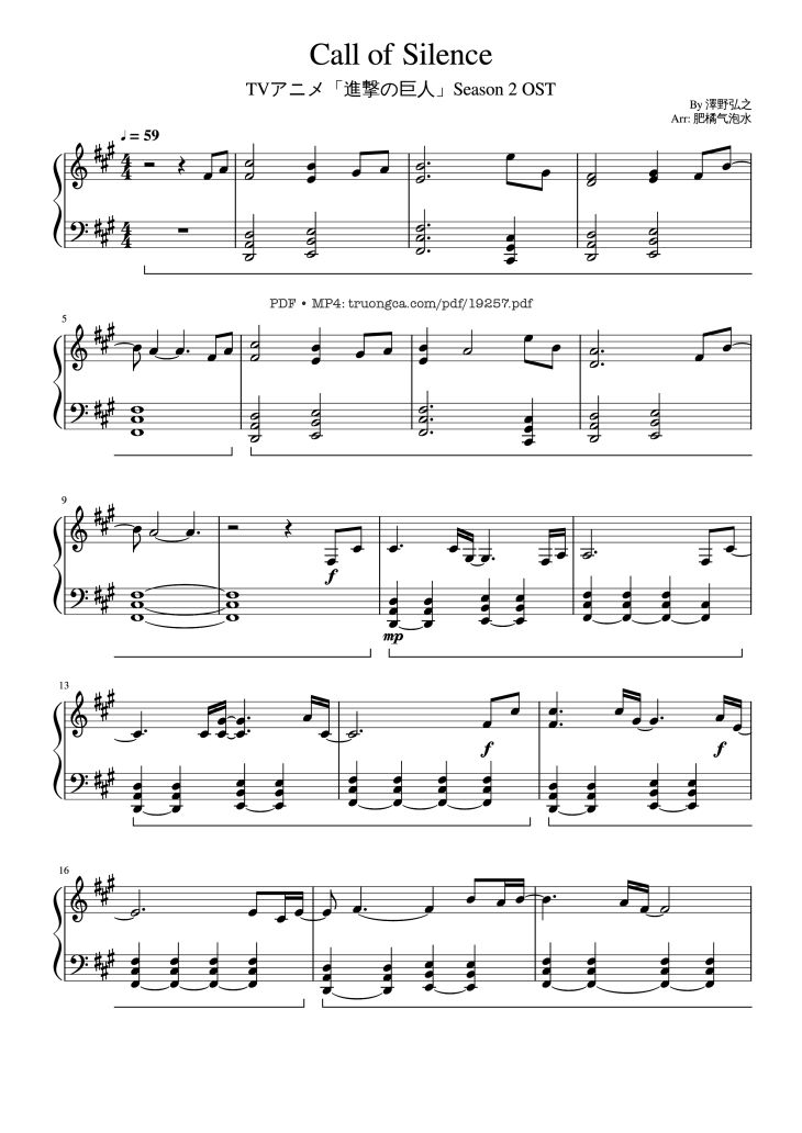 Page 1 of the piano sheet music PDF – Call of silence Sheet Piano by Hiroyuki Sawano