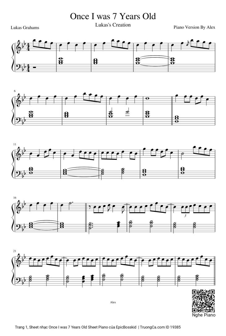 Page 1 of the piano sheet music PDF Piano – Once I was 7 Years Old Sheet Piano by EpicBosskid