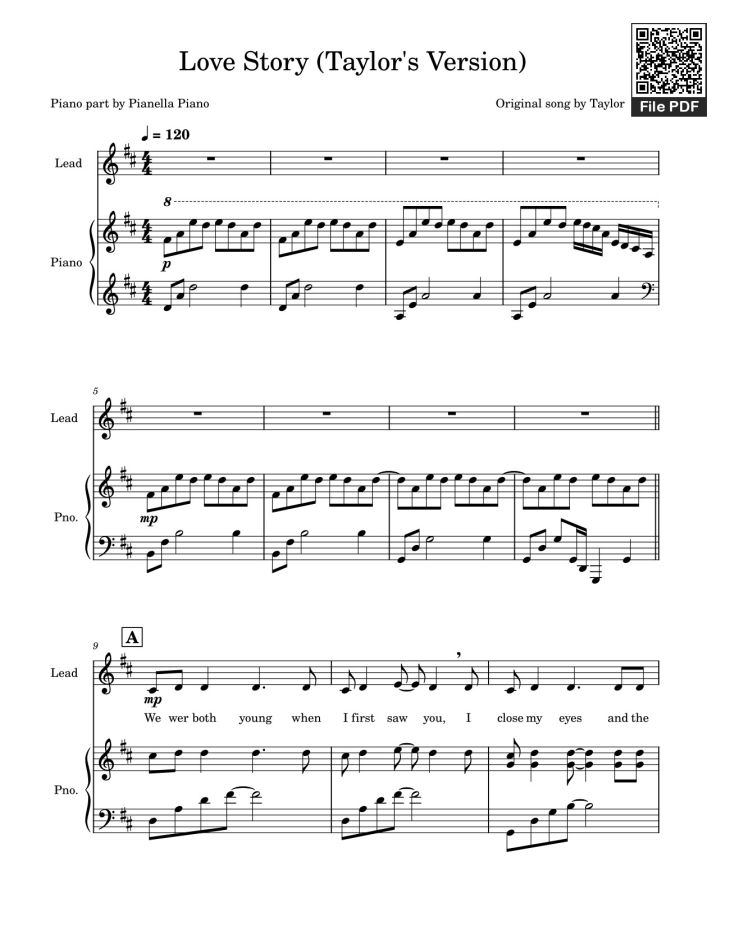 Page 1 of the piano sheet music PDF – Love Story (Taylor