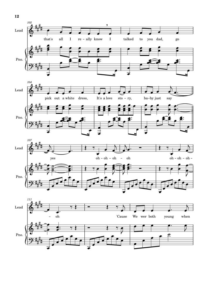 Page 12 of the piano sheet music PDF – Love Story (Taylor