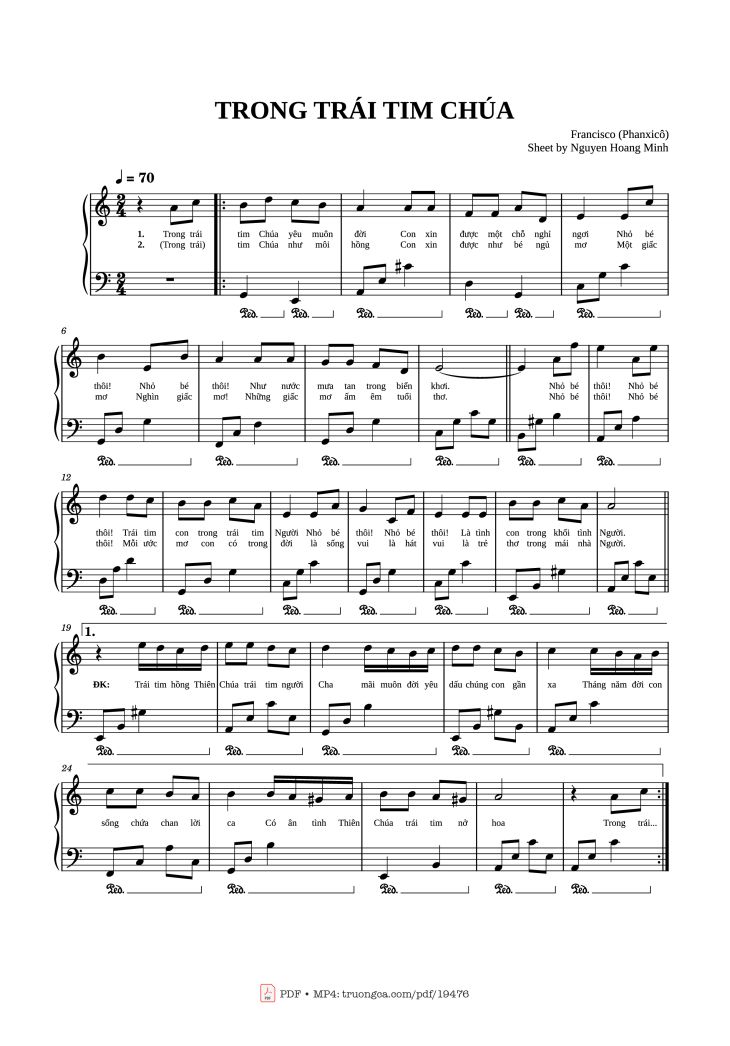 Page 1 of the piano sheet music PDF – Trong trái tim Chúa Sheet Piano by Phanxicô