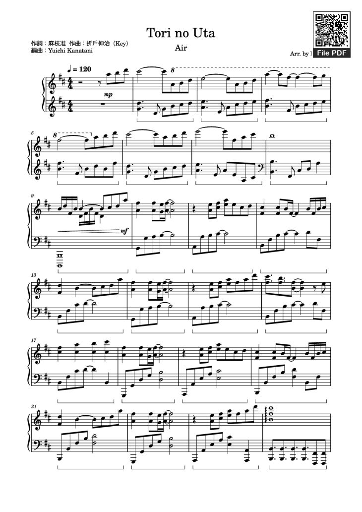 Page 1 of the piano sheet music PDF – Tori no Uta Sheet Piano by Haydenwong825