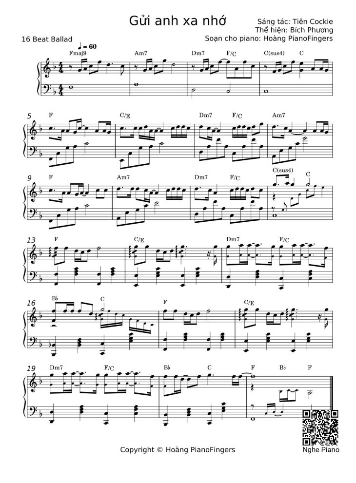 Page 1 of the piano sheet music PDF Piano – Gửi anh xa nhớ Sheet Piano by Tiên Cockie