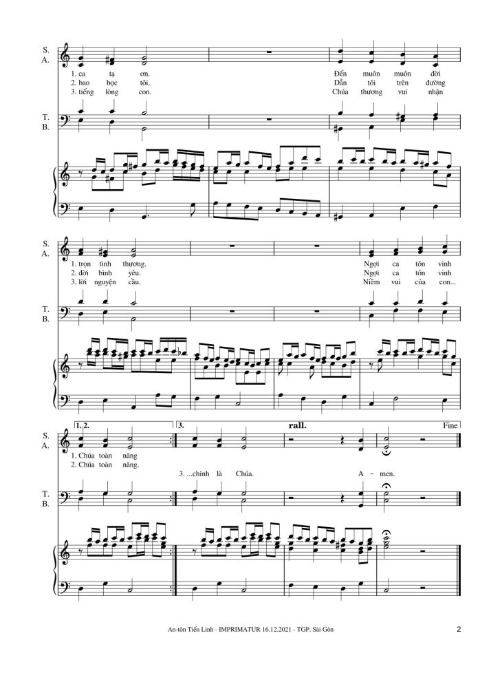 Page 2 of the piano sheet music PDF – Ngợi ca tôn vinh Chúa by Tiến Linh