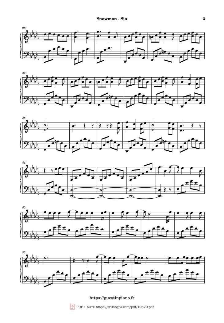 Page 2 of the piano sheet music PDF – Snowman - Sia Sheet Piano by GuestinPiano